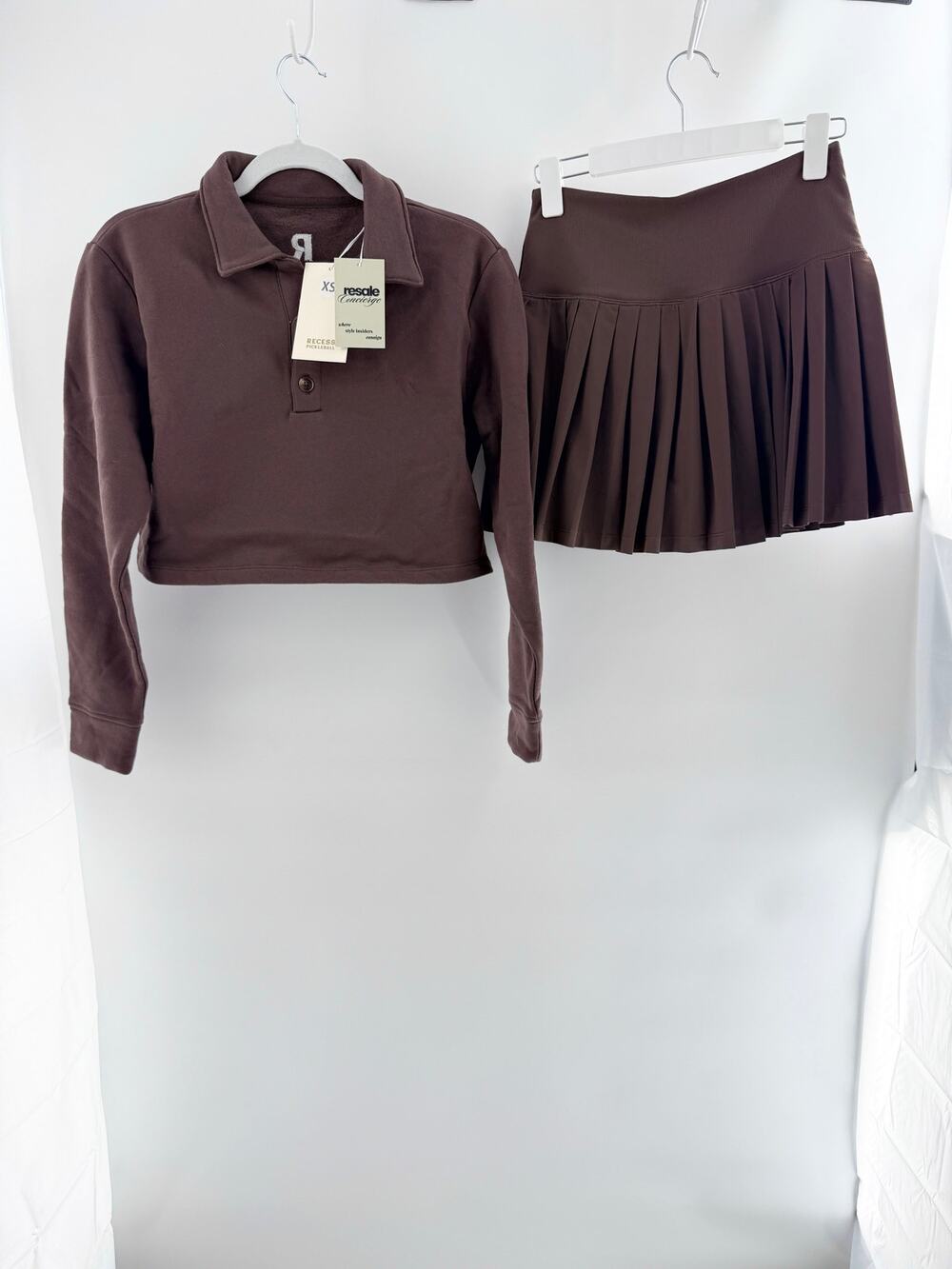 NWT Recess Pickleball Cropped Long-Sleeve Polo Top & Pleated Skirt Set Brown XS